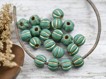 Gold Washed Matte Green Turquoise Large Hole Melon Beads -- Choose Your Size