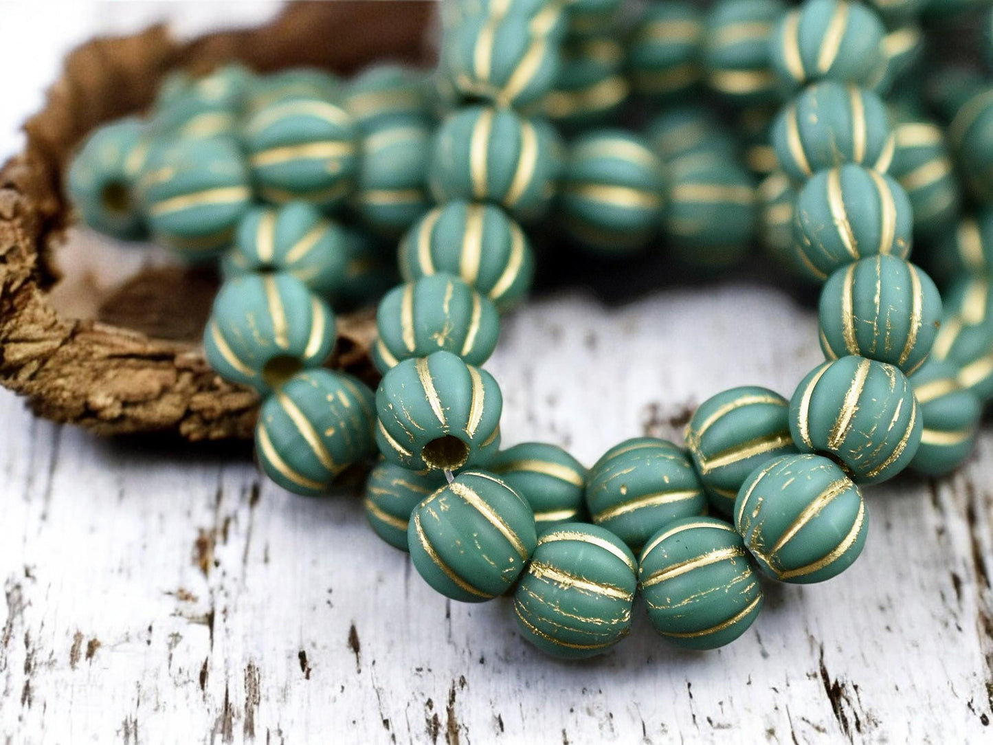 Gold Washed Matte Green Turquoise Large Hole Melon Beads -- Choose Your Size