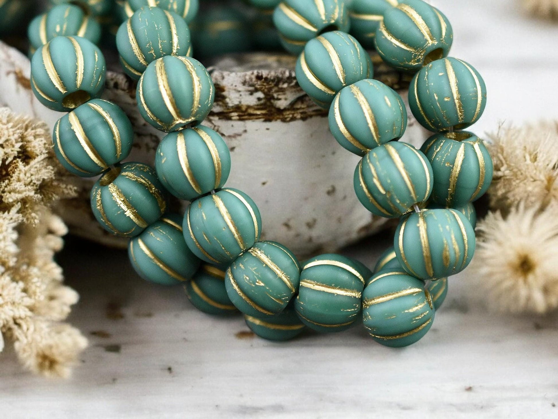 Gold Washed Matte Green Turquoise Large Hole Melon Beads -- Choose Your Size