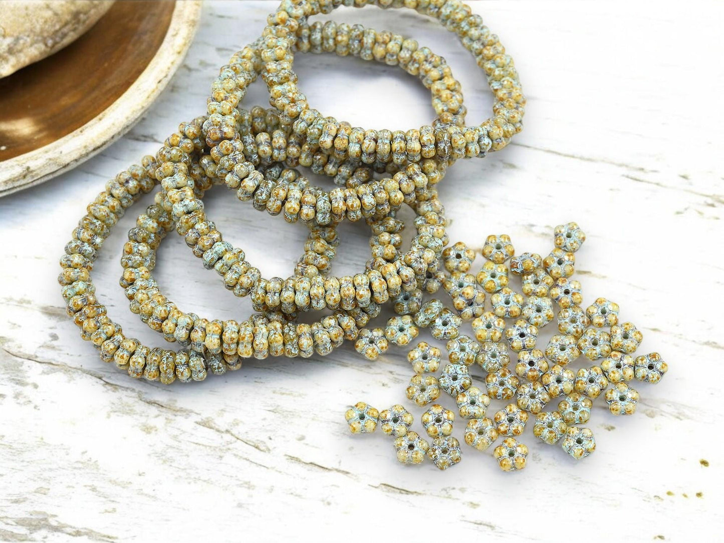 *50* 5mm Turquoise Washed Honey Beige Picasso Forget Me Not Daisy Flower Spacer Beads