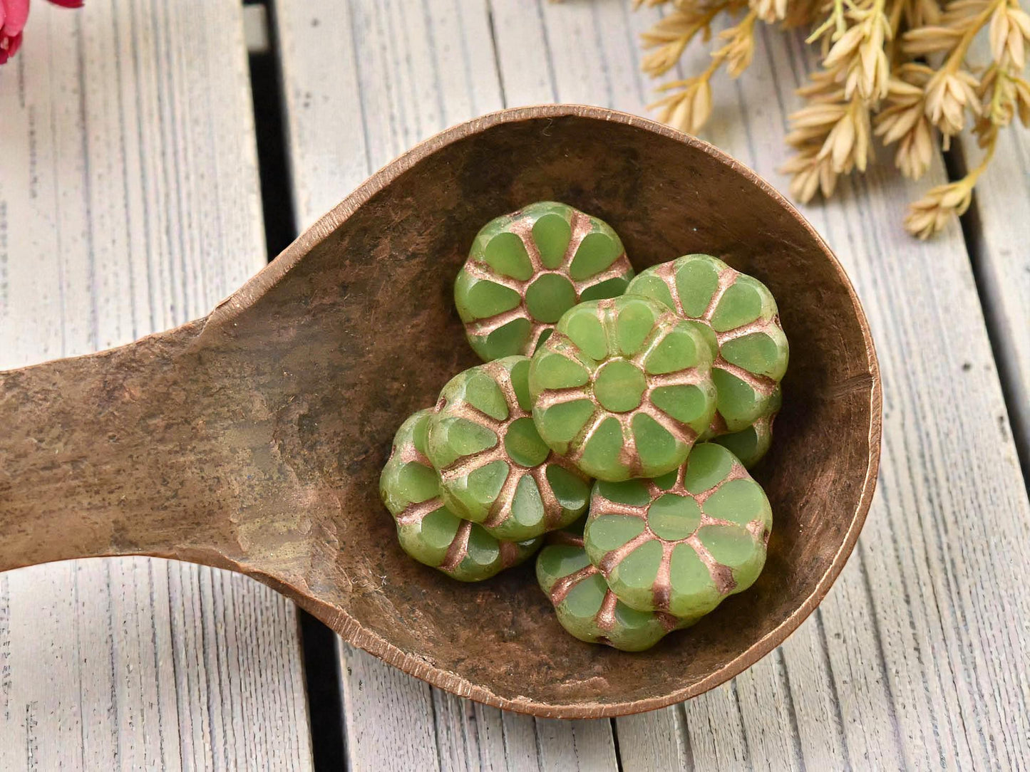 *8* 12mm Copper Washed Green Apple Opal Travertine Cosmo Flower Beads