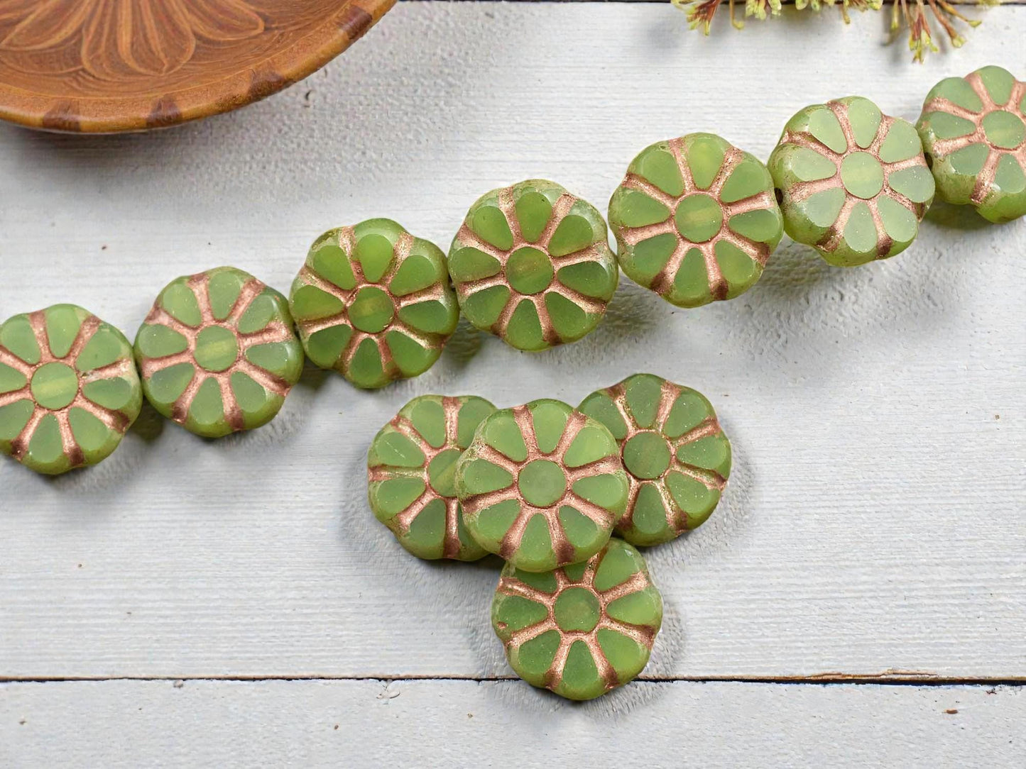 *8* 12mm Copper Washed Green Apple Opal Travertine Cosmo Flower Beads