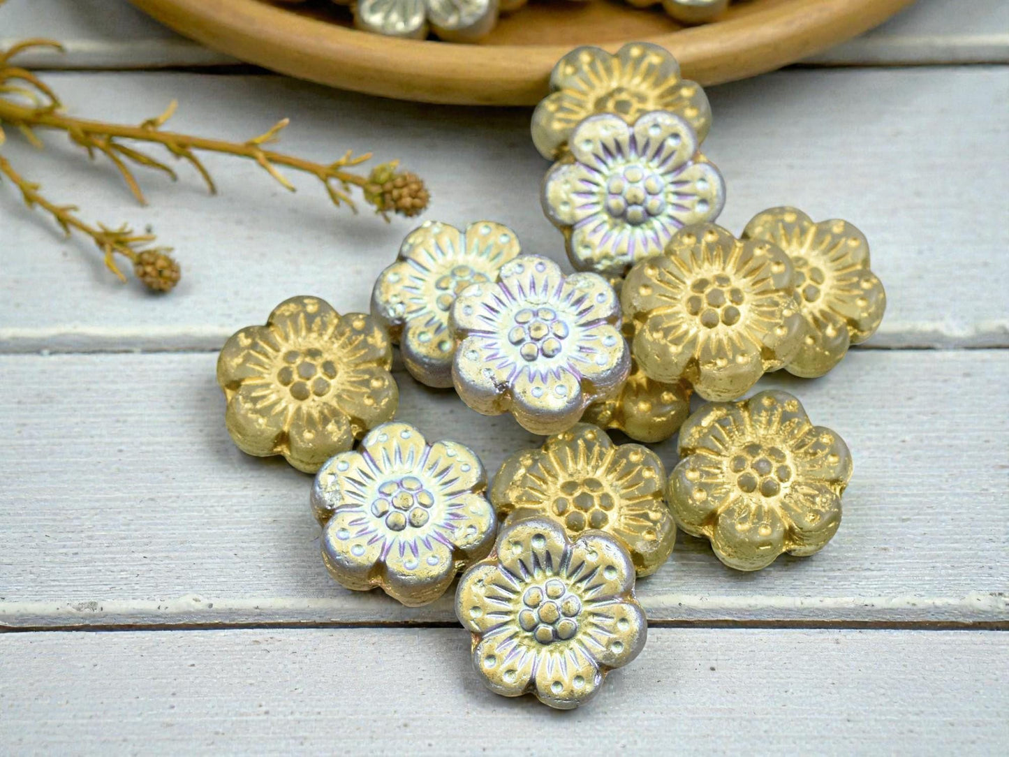 *12* 14mm 1/2 AB Gold Washed Matte Crystal Wildflower Beads