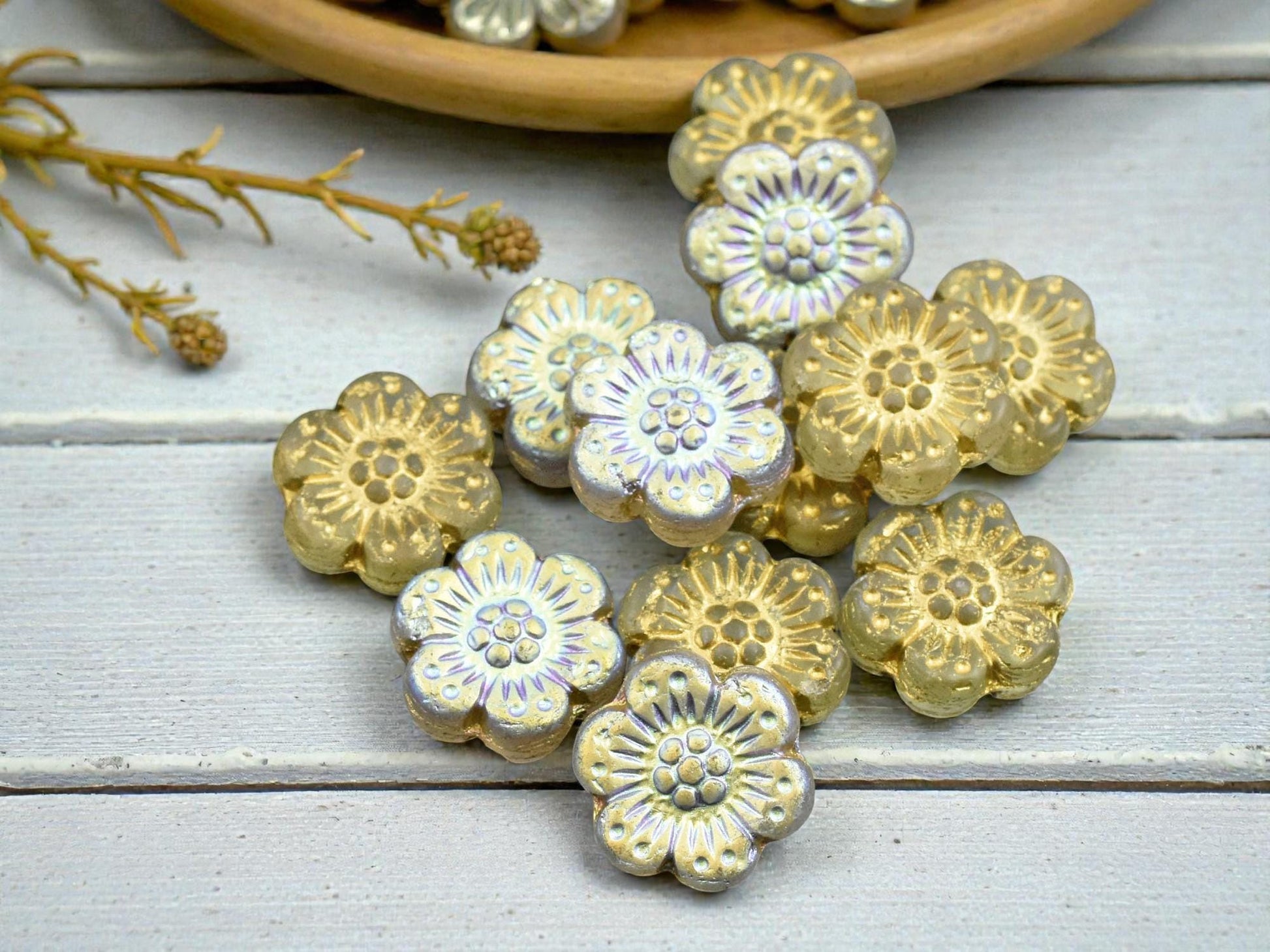 *12* 14mm 1/2 AB Gold Washed Matte Crystal Wildflower Beads