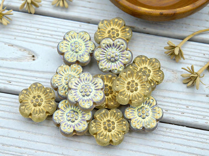*12* 14mm 1/2 AB Gold Washed Matte Crystal Wildflower Beads