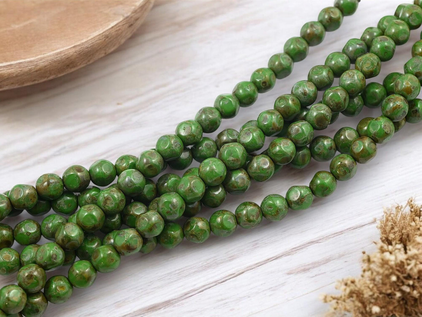 *10* 8mm Rustic Green Picasso Dented Round Beads