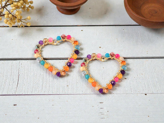 Heart Pendants - Beaded Pendants - Metal Pendant - Wire Wrapped Pendant - 39x42mm - 2pcs - (3833)