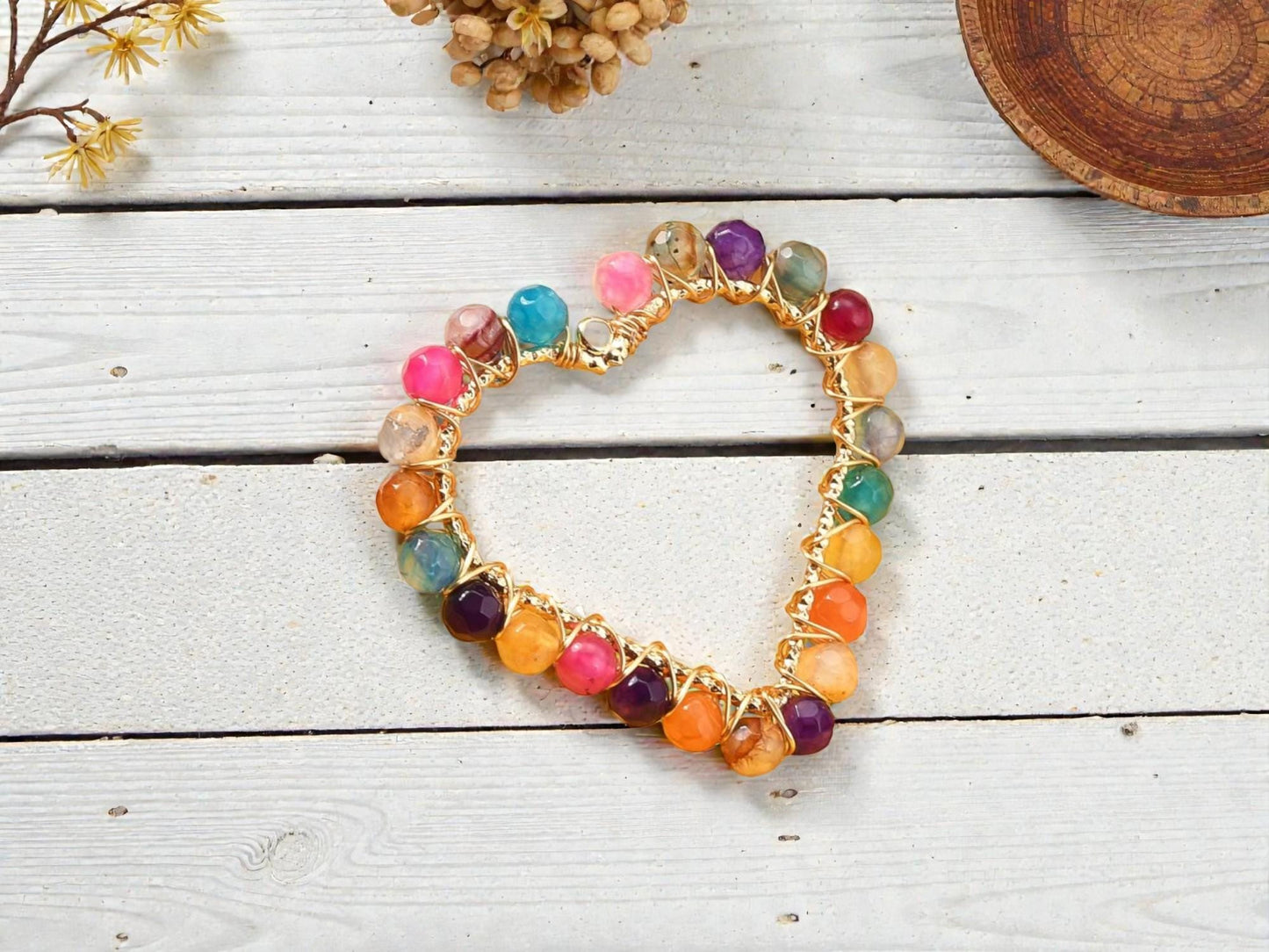 Heart Pendants - Beaded Pendants - Metal Pendant - Wire Wrapped Pendant - 39x42mm - 2pcs - (3833)