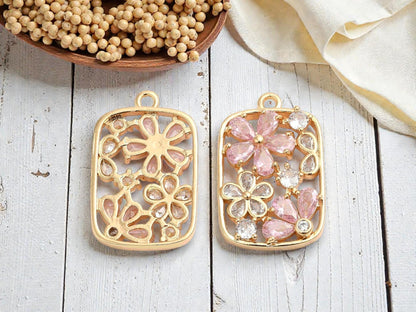 Metal Pendant - Gold Pendant - Rhinestone Pendant - Floral Pendant - 26x16mm - 1pc - (5003)