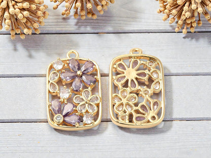 Metal Pendant - Gold Pendant - Rhinestone Pendant - Floral Pendant - 26x16mm - 1pc - (4640)