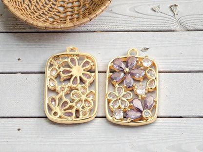 Metal Pendant - Gold Pendant - Rhinestone Pendant - Floral Pendant - 26x16mm - 1pc - (4640)