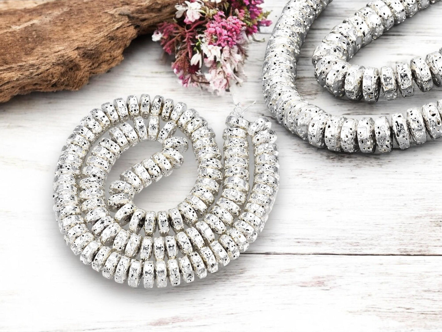 Silver Beads - Lava Beads - Heishi Beads - Rondelle Beads - 8x4mm - 15.75 inch Strand - (G105)