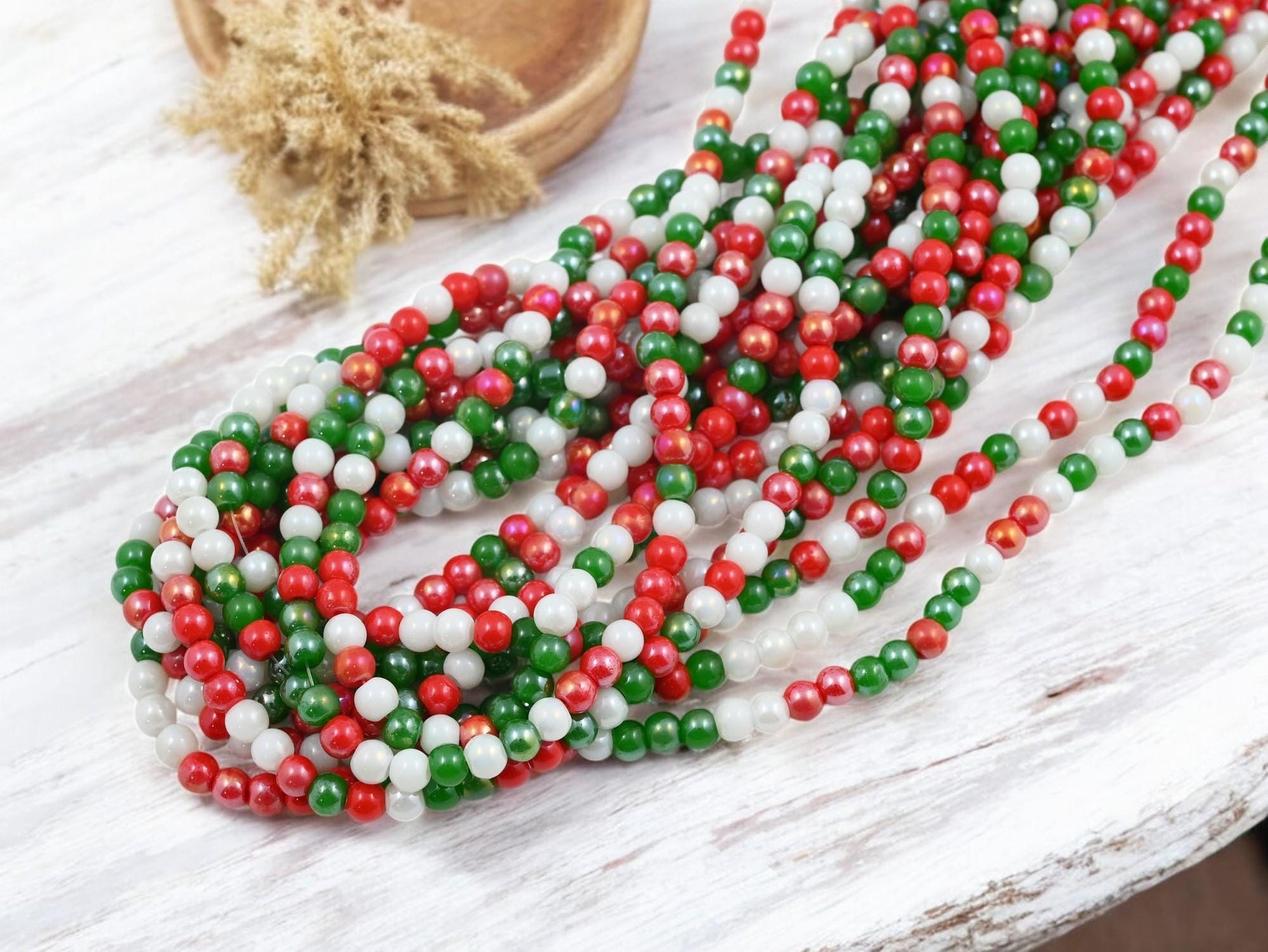 4mm Christmas Red White Green Round Electroplated Chinese Glass Beads - 15" Strand - (1764)