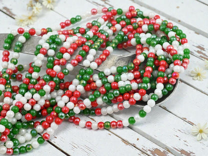 4mm Christmas Red White Green Round Electroplated Chinese Glass Beads - 15" Strand - (1764)