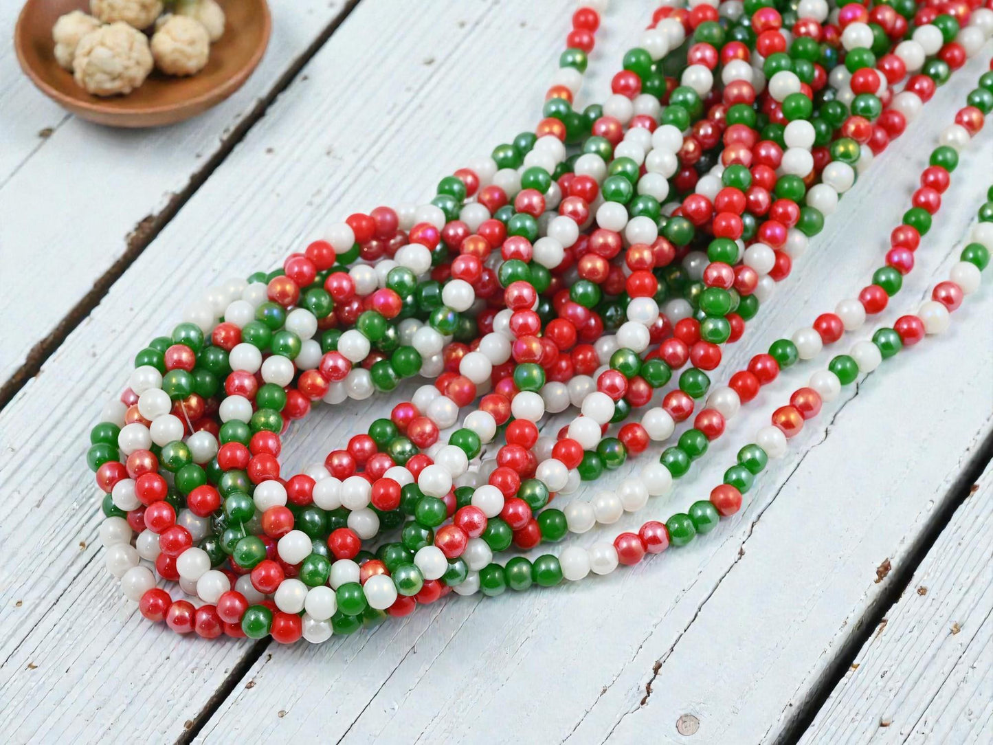 4mm Christmas Red White Green Round Electroplated Chinese Glass Beads - 15" Strand - (1764)