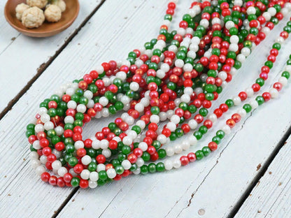 4mm Christmas Red White Green Round Electroplated Chinese Glass Beads - 15" Strand - (1764)