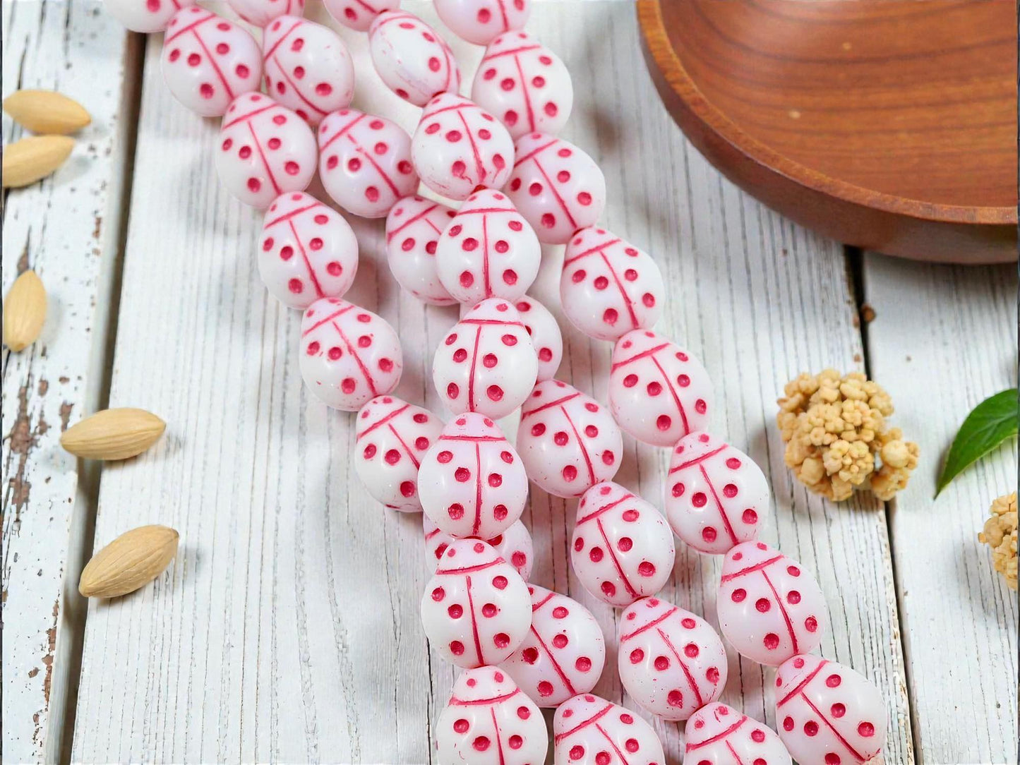 Czech Glass Lady Bug Beads - Pink Washed White - 11x13mm - 15pcs - (4854)