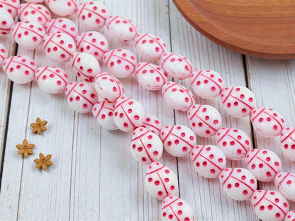 Czech Glass Lady Bug Beads - Pink Washed White - 11x13mm - 15pcs - (4854)