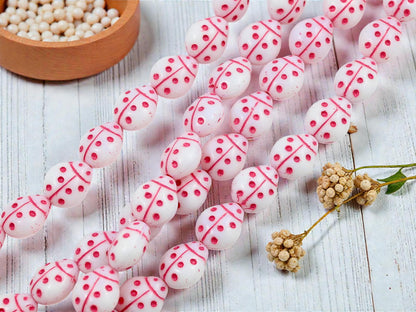 Czech Glass Lady Bug Beads - Pink Washed White - 11x13mm - 15pcs - (4854)