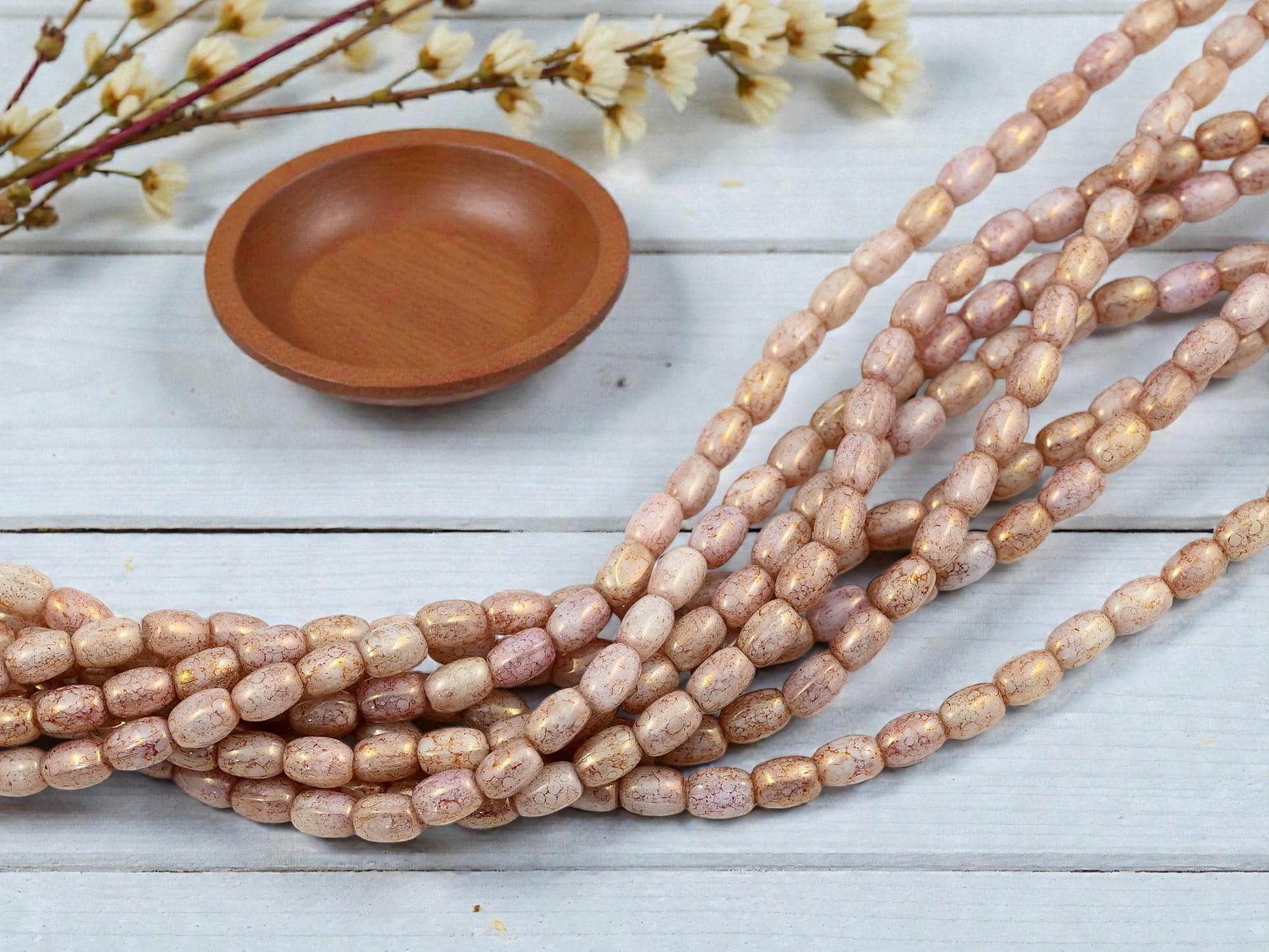 Czech Glass Rose Gold Pink Luster Petite Small Oval Rice Beads - 6x4mm - 50pcs - (2060)