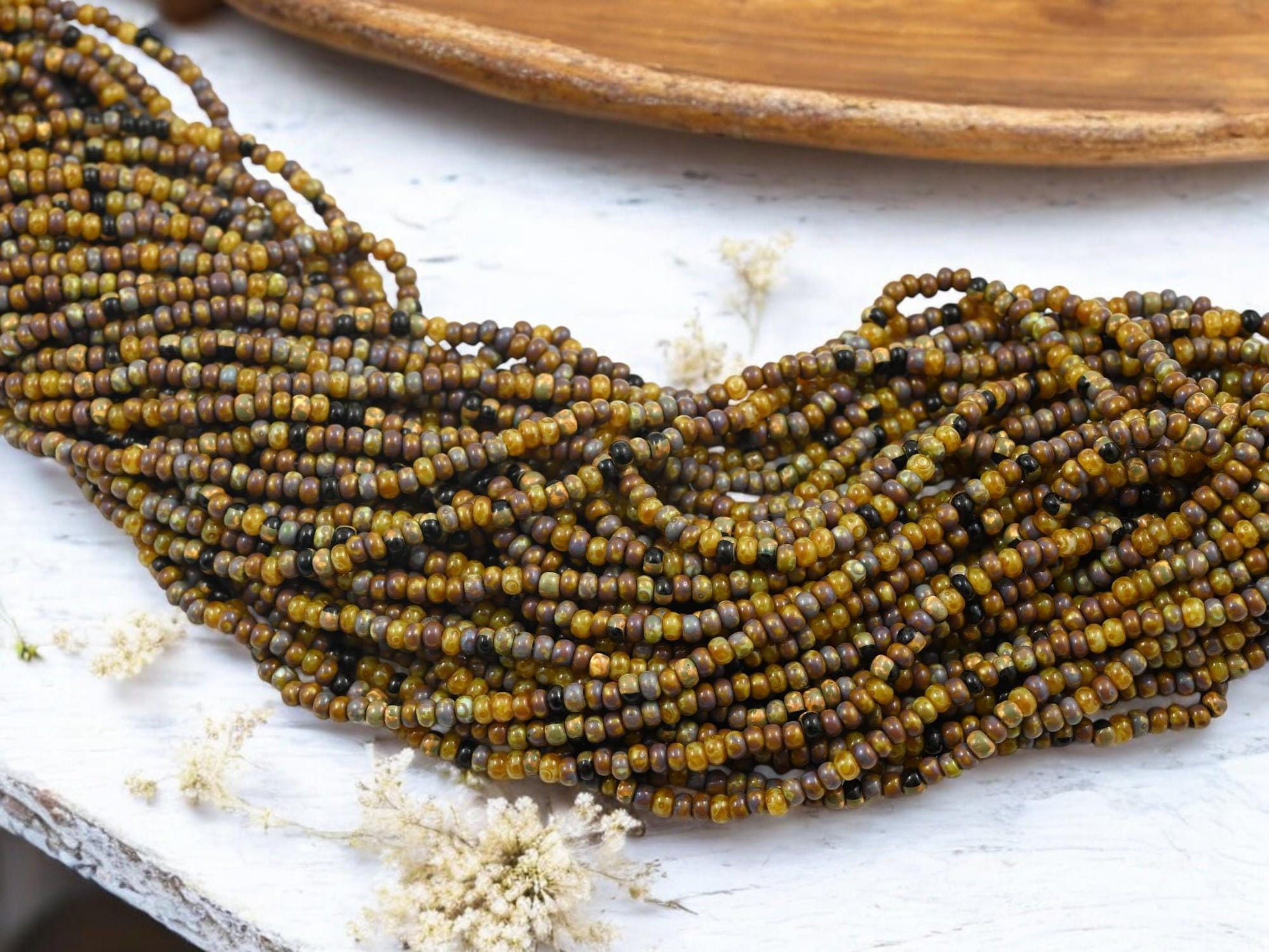 Picasso Seed Beads - Aged Picasso Beads - Czech Glass Beads - Size 8 Seed Beads - 8/0 - 21" Strand - (3218)