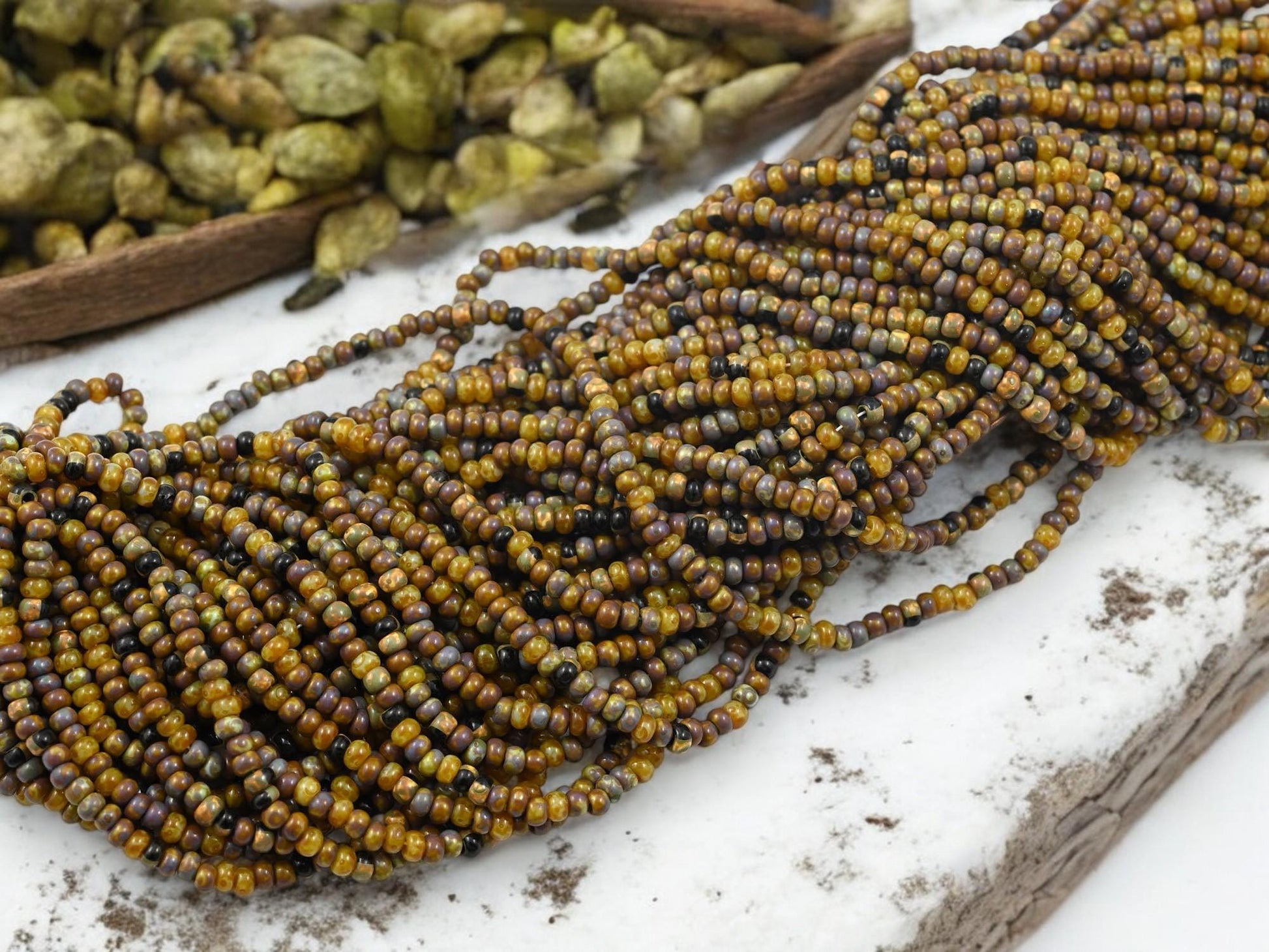 Picasso Seed Beads - Aged Picasso Beads - Czech Glass Beads - Size 8 Seed Beads - 8/0 - 21" Strand - (3218)