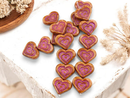 Heart Beads - Czech Glass Beads - Pink Heart Bead - Picasso Beads - 14x16mm - 6pcs - (1576)