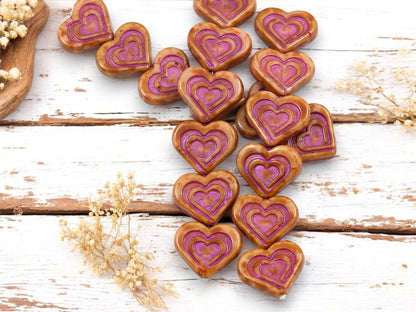 Heart Beads - Czech Glass Beads - Pink Heart Bead - Picasso Beads - 14x16mm - 6pcs - (1576)