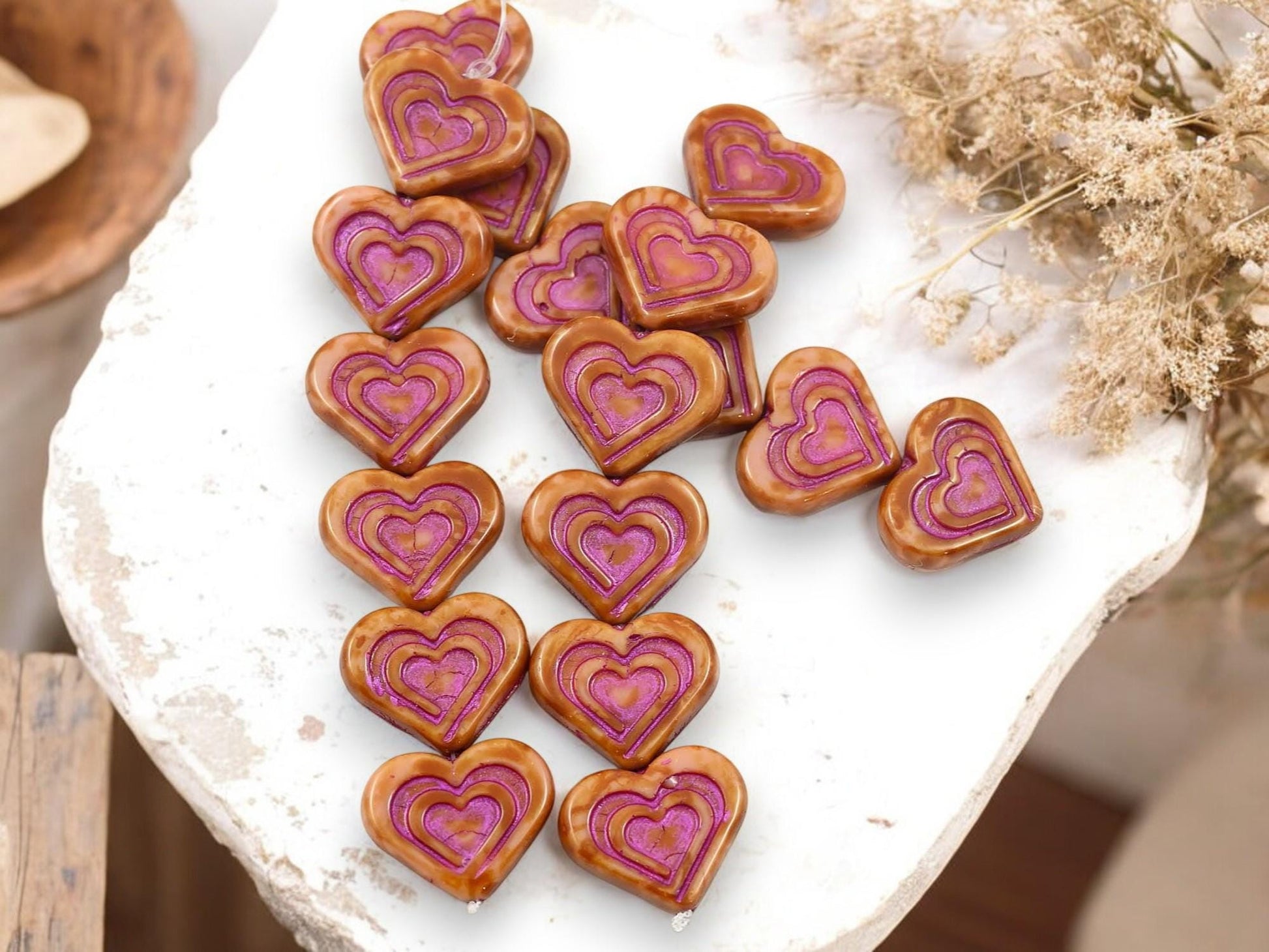 Heart Beads - Czech Glass Beads - Pink Heart Bead - Picasso Beads - 14x16mm - 6pcs - (1576)