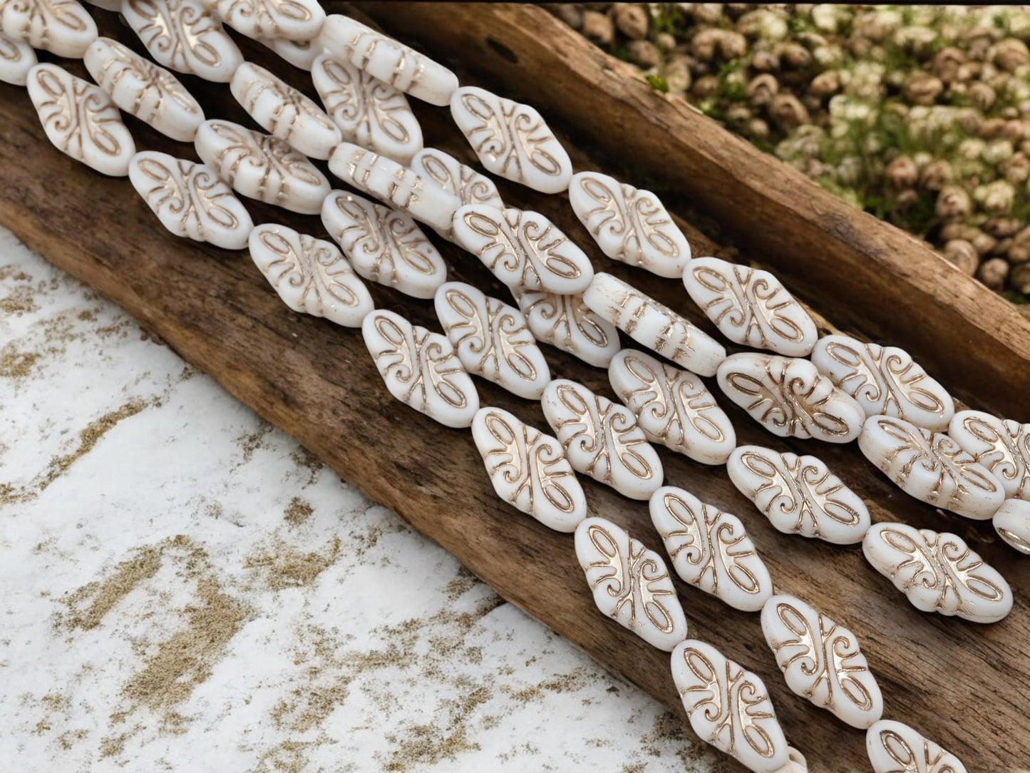 *6* 19x9mm Platinum Washed Matte Opaque Alabaster Arabesque Diamond Beads