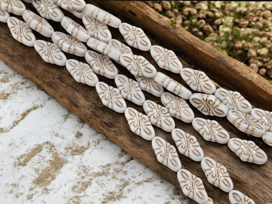 *6* 19x9mm Platinum Washed Matte Opaque Alabaster Arabesque Diamond Beads