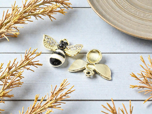 Enamel Bee Charms - Gold Plated Bumble Bee, 15x12mm - 10pcs - (3435)
