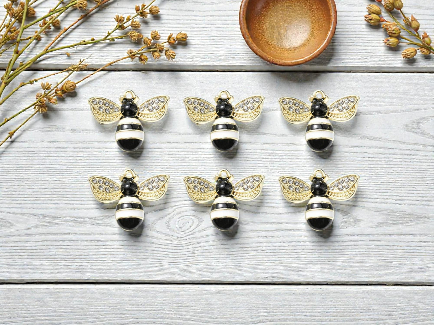 Enamel Bee Charms - Gold Plated Bumble Bee, 15x12mm - 10pcs - (3435)