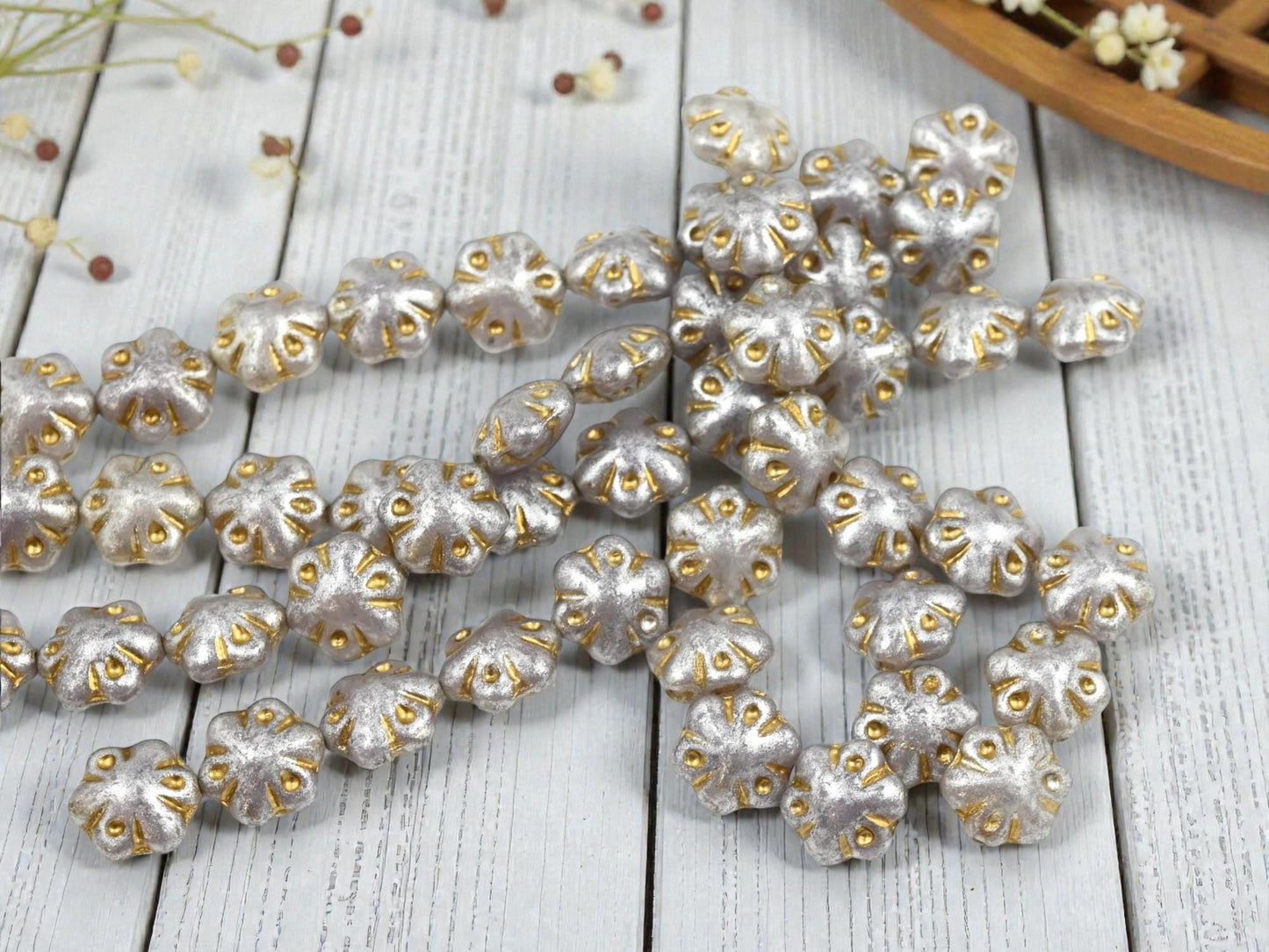 Silver Beads - Flower Beads - Czech Glass Beads - Picasso Beads - 11mm - 10pcs - (1868)