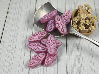 Czech Glass Beads - Matte Pink Washed Crystal - Arabesque Design - 19x9mm - 10pcs - (462)