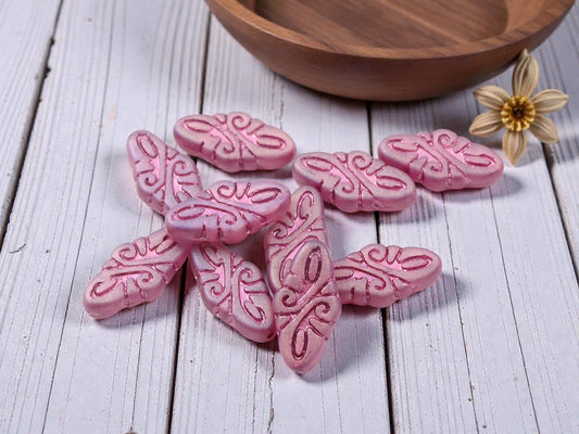 Czech Glass Beads - Matte Pink Washed Crystal - Arabesque Design - 19x9mm - 10pcs - (462)