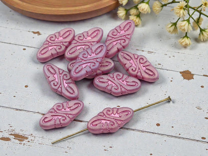 Czech Glass Beads - Matte Pink Washed Crystal - Arabesque Design - 19x9mm - 10pcs - (462)