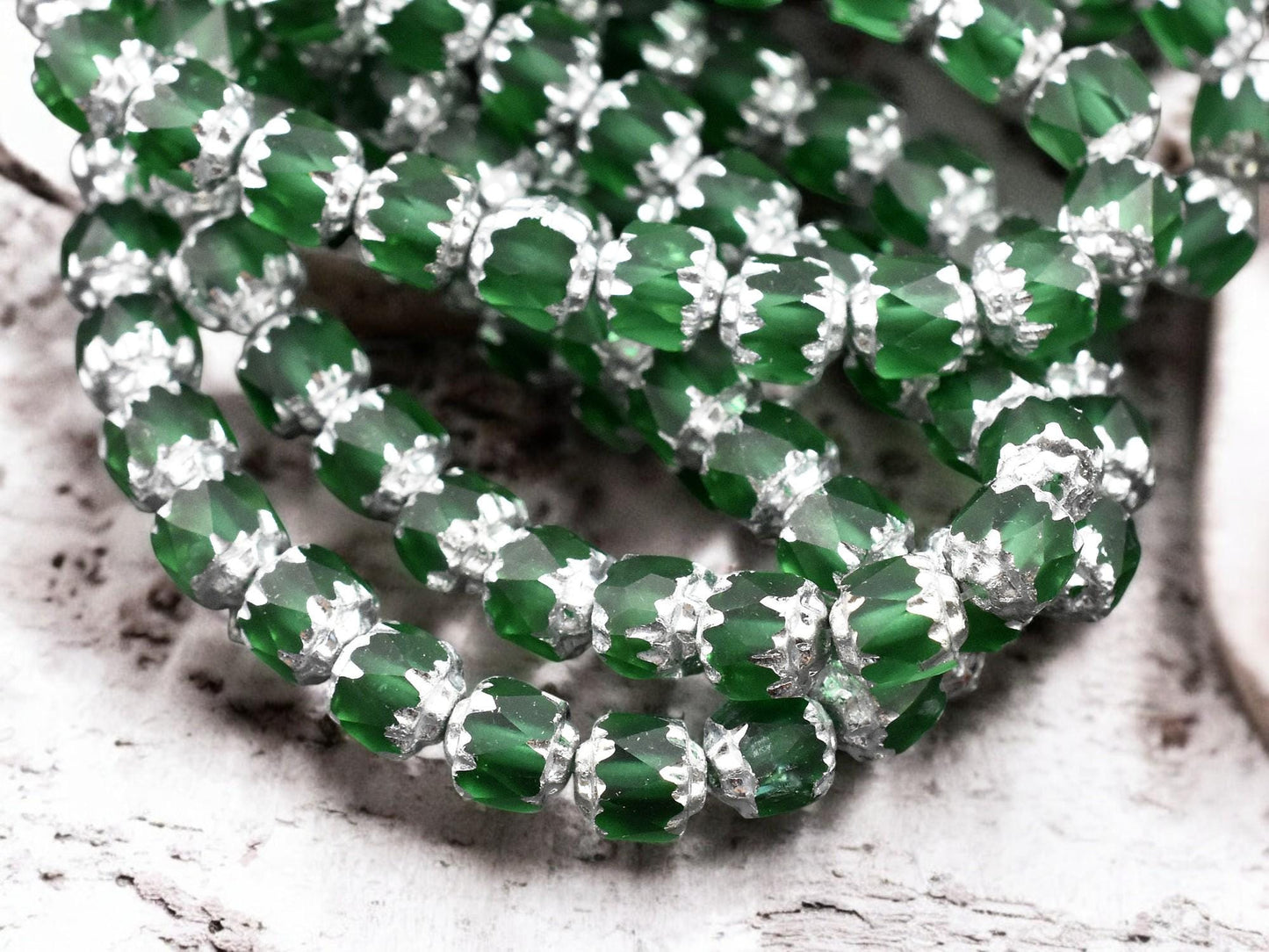 *20* 6mm Silver Washed Emerald Fire Polished Cathedral Beads