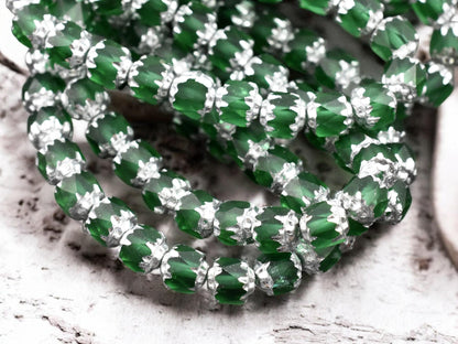 *20* 6mm Silver Washed Emerald Fire Polished Cathedral Beads