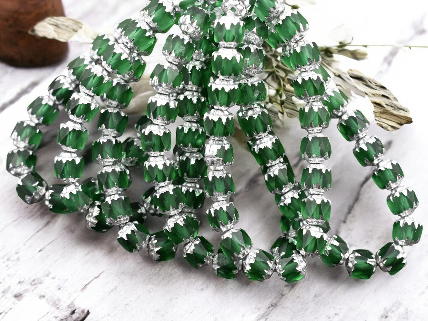 *20* 6mm Silver Washed Emerald Fire Polished Cathedral Beads