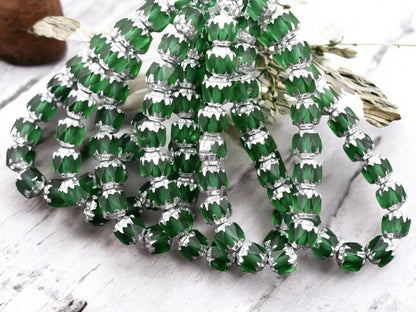 *20* 6mm Silver Washed Emerald Fire Polished Cathedral Beads