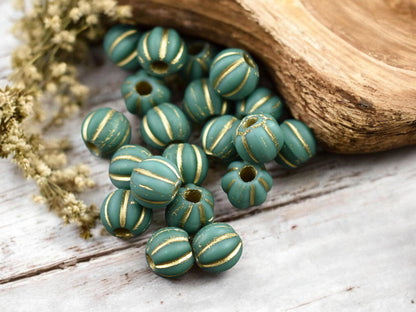 Gold Washed Matte Green Turquoise Large Hole Melon Beads -- Choose Your Size