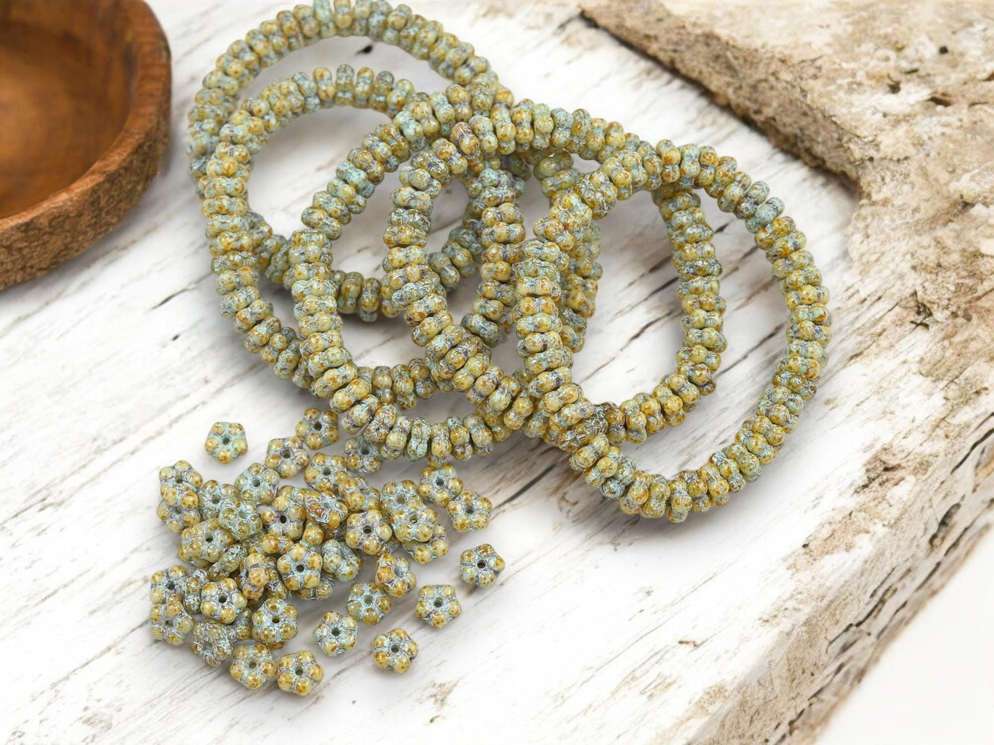 *50* 5mm Turquoise Washed Honey Beige Picasso Forget Me Not Daisy Flower Spacer Beads