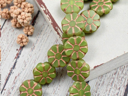 *8* 12mm Copper Washed Green Apple Opal Travertine Cosmo Flower Beads