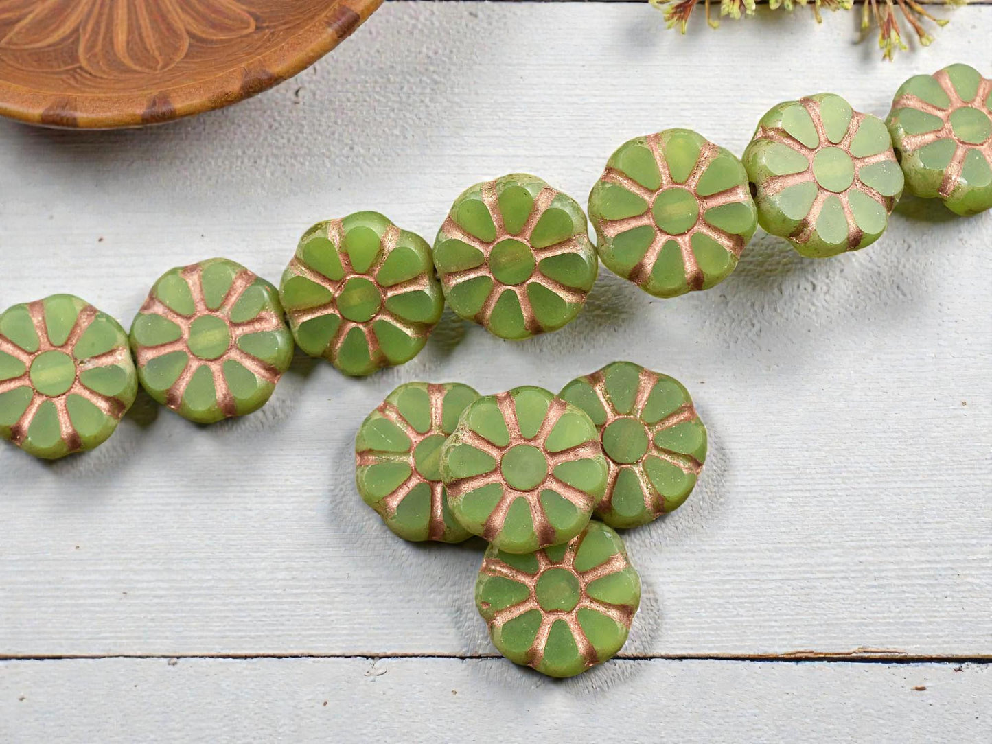 *8* 12mm Copper Washed Green Apple Opal Travertine Cosmo Flower Beads