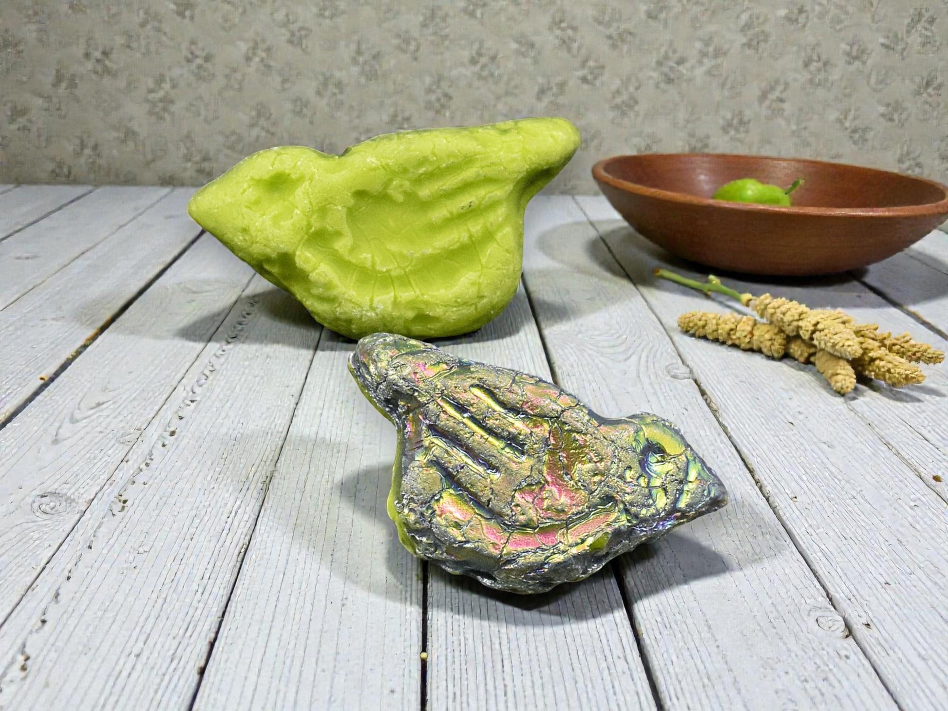 *6* 11x22mm Gold Washed Etched Opaque Chartreuse Peacock Bird Beads