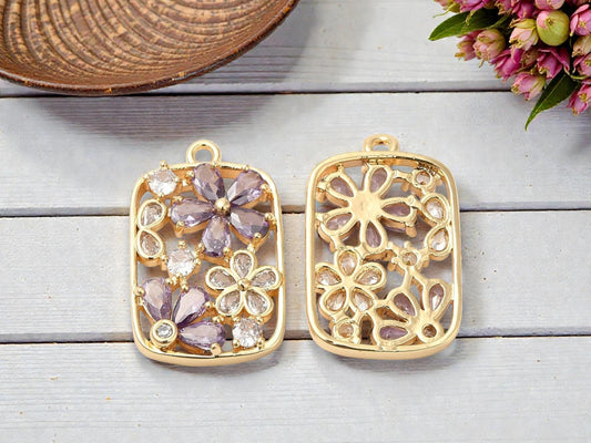 Metal Pendant - Gold Pendant - Rhinestone Pendant - Floral Pendant - 26x16mm - 1pc - (4640)