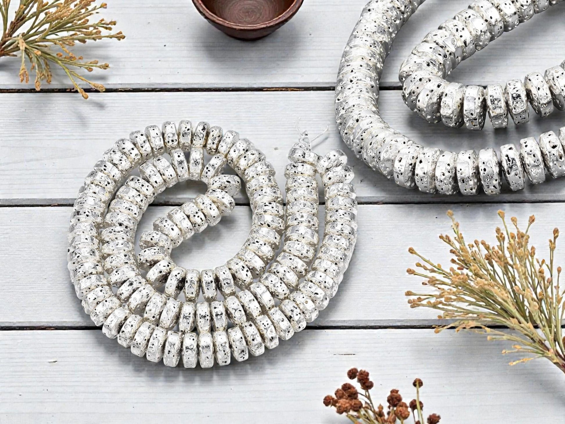 Silver Beads - Lava Beads - Heishi Beads - Rondelle Beads - 8x4mm - 15.75 inch Strand - (G105)