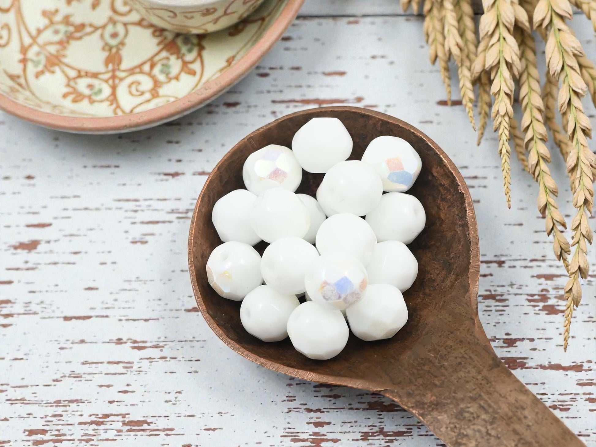 Czech Glass Beads - Fire Polished Beads - White Beads - Round Beads - 8mm Beads - 20pcs - (B607)
