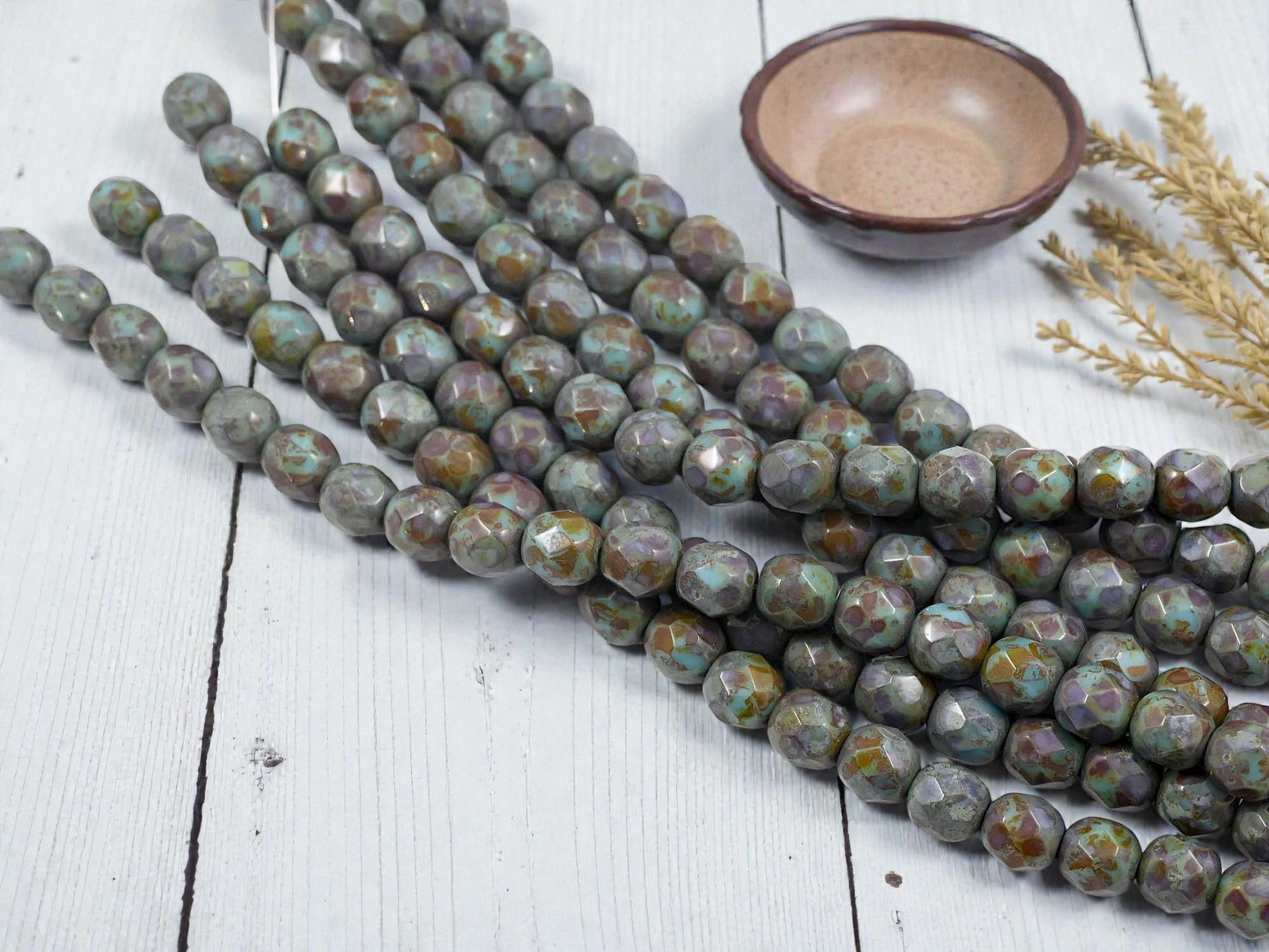 Rustic Turquoise Picasso Czech Glass Beads - 6mm Fire Polished Faceted Round Beads - (25pcs)